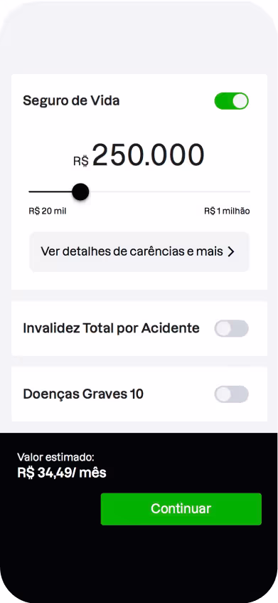 Calculadora seguro de vida, lista de coberturas que escolhe qualquer valor da cobertura e mostra o valor final em tempo real.